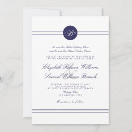 Navy Blue Chic White Monogram Wedding Invite Kaart