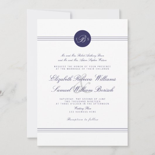Navy Blue Chic White Monogram Wedding Invite Kaart (Voorkant)