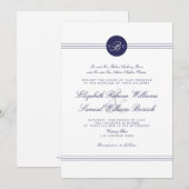 Navy Blue Chic White Monogram Wedding Invite Kaart (Voorkant / Achterkant)
