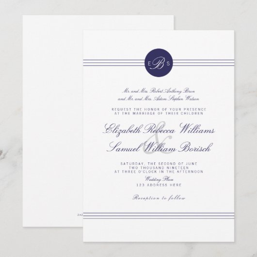 Navy Blue Chic White Monogram Wedding Invite Kaart (Voorkant / Achterkant)