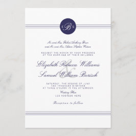 Navy Blue Chic White Monogram Wedding Invite Kaart