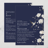 Navy Blue Chinoiserie Bloemen Alles in één bruilof Kaart (Voorkant / Achterkant)