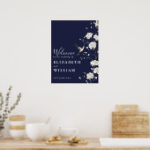 Navy Blue Chinoiserie Bloemen Huwelijk Welkom Teke Poster (Keuken)