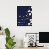 Navy Blue Chinoiserie Bloemen Huwelijk Welkom Teke Poster (Thuiskantoor)