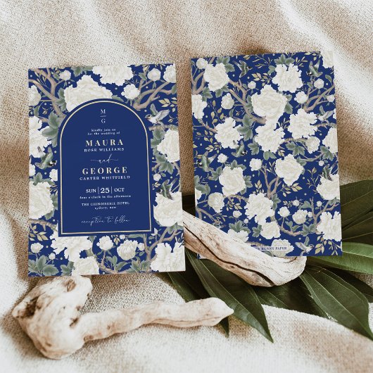 Navy Blue Chinoiserie Bloementuin Trouwen Kaart