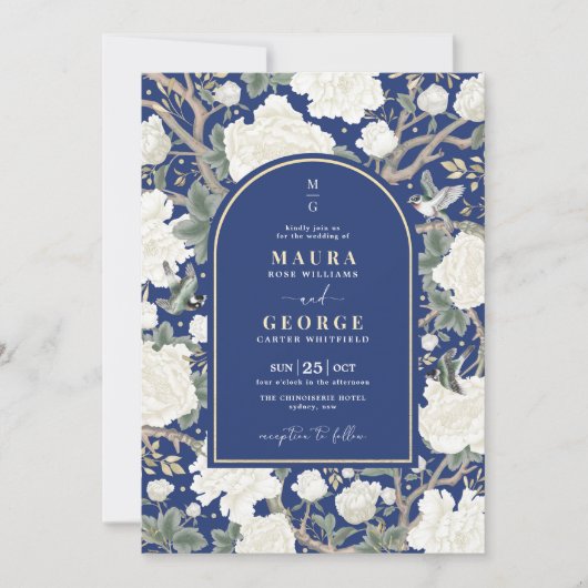 Navy Blue Chinoiserie Bloementuin Trouwen Kaart (Voorkant)