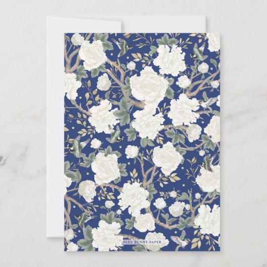 Navy Blue Chinoiserie Bloementuin Trouwen Kaart (Achterkant)
