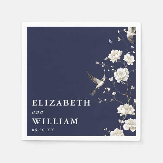 Navy Blue Chinoiserie Bloementuin Trouwen Servet (Voorkant)