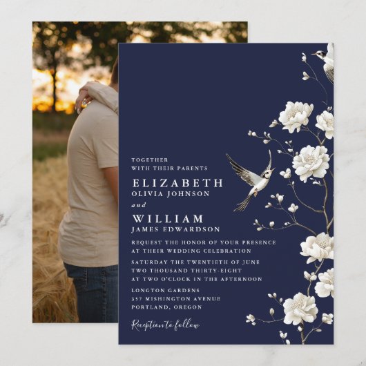 Navy Blue Chinoiserie Bloementuin Trouwfoto Kaart (Voorkant / Achterkant)