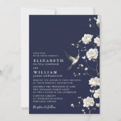 Navy Blue Chinoiserie Floral QR Code Wedding Kaart (Voorkant)