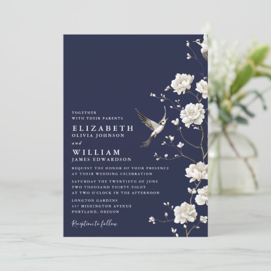 Navy Blue Chinoiserie Floral QR Code Wedding Kaart (Staand voorkant)
