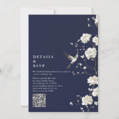 Navy Blue Chinoiserie Floral QR Code Wedding Kaart (Achterkant)