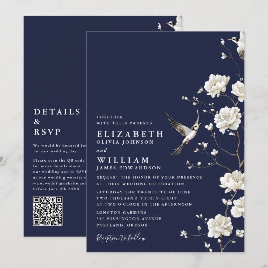 Navy Blue Chinoiserie Floral QR Code Wedding Kaart (Voorkant / Achterkant)