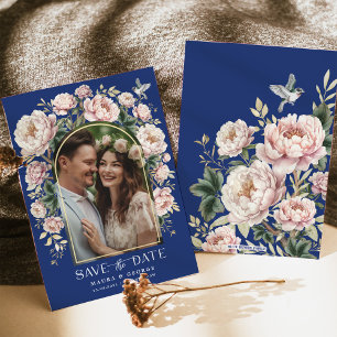 Navy Blue Chinoiserie Florals Foto Save the Date Kaart