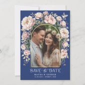 Navy Blue Chinoiserie Florals Foto Save the Date Kaart (Voorkant)