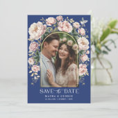 Navy Blue Chinoiserie Florals Foto Save the Date Kaart (Staand voorkant)