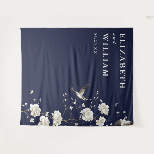 Navy Blue Chinoiserie Huwelijksfoto Achtergrond Wandkleed (Voorkant (horizontaal))