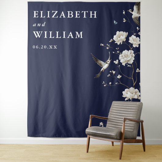 Navy Blue Chinoiserie Huwelijksfoto Achtergrond Wandkleed (In situ)