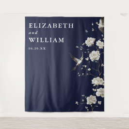 Navy Blue Chinoiserie Huwelijksfoto Achtergrond Wandkleed