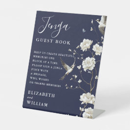 Navy Blue Chinoiserie Jenga Guest Book Trouwen Reclamebord Met Voetstuk