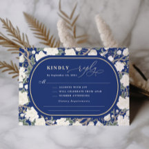 Navy Blue Chinoiserie Witte Bloemen Huwelijk RSVP