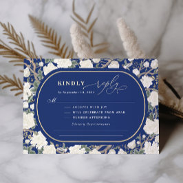 Navy Blue Chinoiserie Witte Bloemen Huwelijk RSVP Kaart