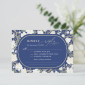 Navy Blue Chinoiserie Witte Bloemen Huwelijk RSVP Kaart (Staand voorkant)
