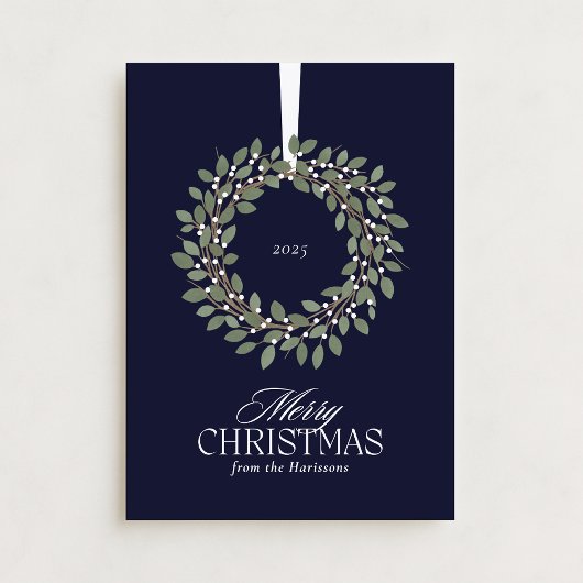 Navy Blue Christmas Wreath Holiday Kaart