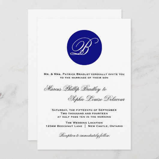 Navy Blue Circle Monogram Weddenschap Kaart (Voorkant / Achterkant)
