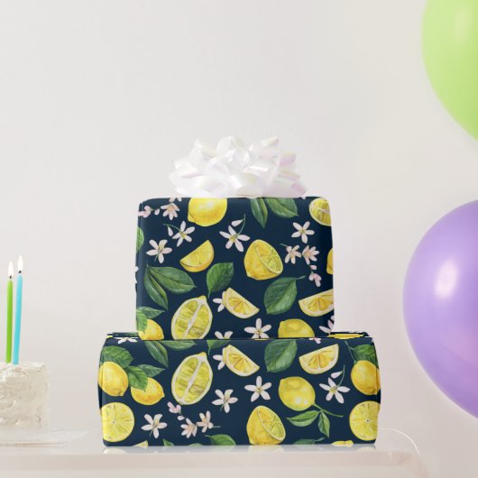 Navy Blue Citrus Lemon Floral Cadeaupapier (Feestgeschenken)