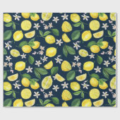 Navy Blue Citrus Lemon Floral Cadeaupapier (Vlak)
