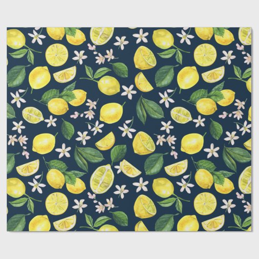 Navy Blue Citrus Lemon Floral Cadeaupapier (Vlak)