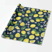 Navy Blue Citrus Lemon Floral Cadeaupapier (Uitgerold)