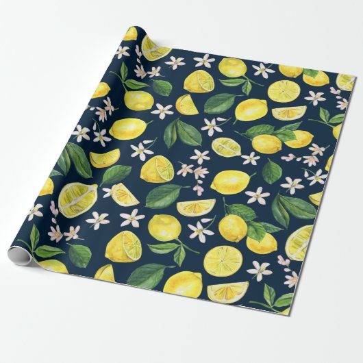 Navy Blue Citrus Lemon Floral Cadeaupapier (Uitgerold)