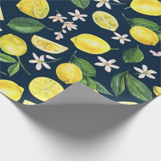 Navy Blue Citrus Lemon Floral Cadeaupapier (Hoek)
