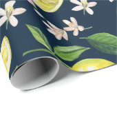Navy Blue Citrus Lemon Floral Cadeaupapier (Rol Hoek)