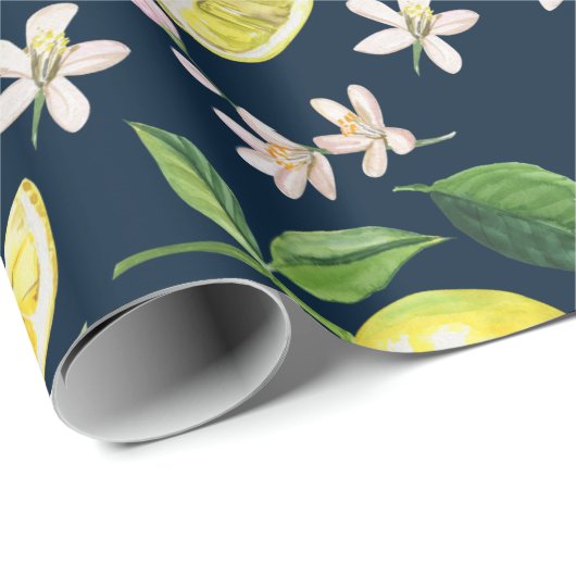 Navy Blue Citrus Lemon Floral Cadeaupapier (Rol Hoek)