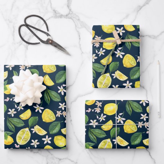 Navy Blue Citrus Lemon Floral Inpakpapier Vel (Voorkant)