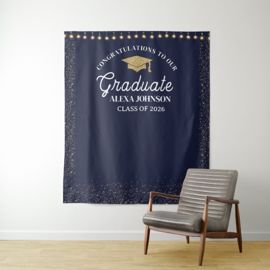 Navy Blue Class Of 2026 Graduation Backdrop Wandkleed (In situ)