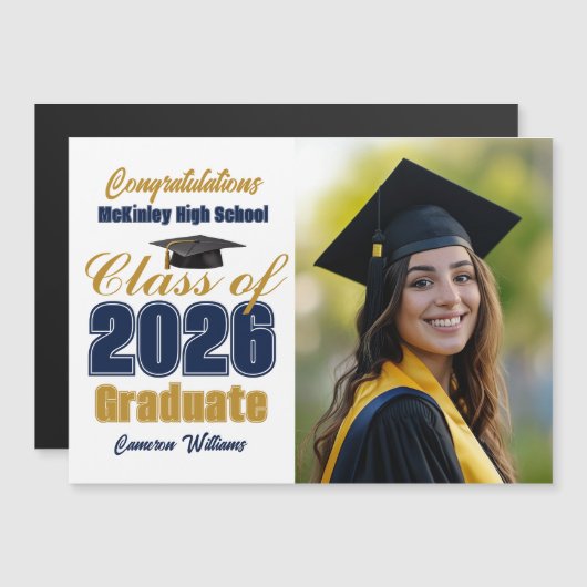 Navy Blue Class of 2026 Graduation Photo Magnet (Voorkant / Achterkant)
