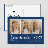 Navy Blue Class van 2025 Fotocollage Afstuderen Uitnodiging Briefkaart (Voorkant / Achterkant)