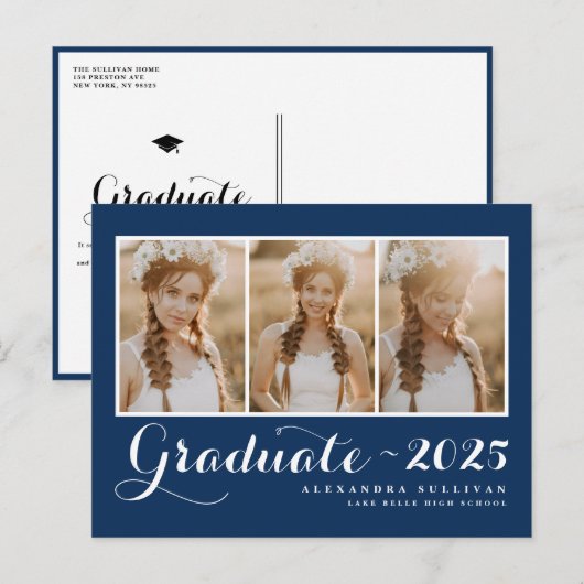 Navy Blue Class van 2025 Fotocollage Afstuderen Uitnodiging Briefkaart (Voorkant / Achterkant)
