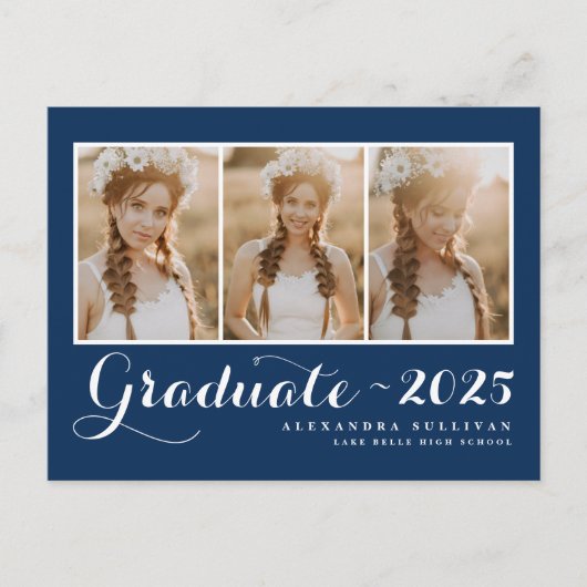 Navy Blue Class van 2025 Fotocollage Afstuderen Uitnodiging Briefkaart (Voorkant)