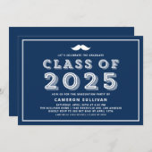 Navy Blue Class van 2025 Mustache Retro Afstuderen Kaart (Voorkant / Achterkant)