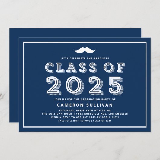 Navy Blue Class van 2025 Mustache Retro Afstuderen Kaart (Voorkant / Achterkant)