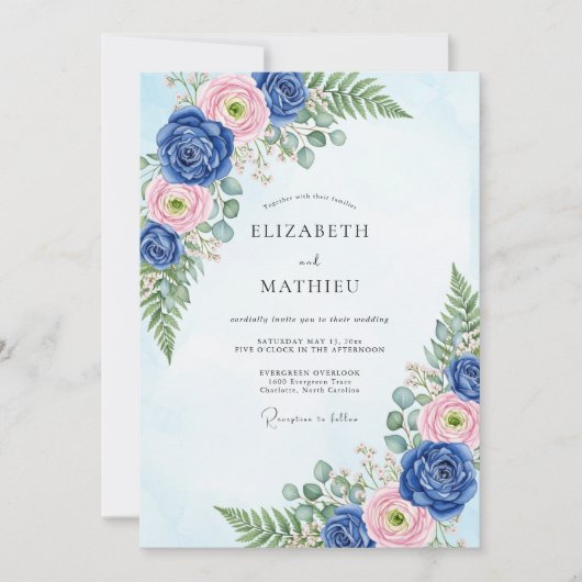 Navy Blue Classic Botanical Wedding Kaart (Voorkant)