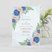 Navy Blue Classic Botanical Wedding Kaart (Staand voorkant)