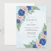 Navy Blue Classic Botanical Wedding Kaart (Voorkant / Achterkant)