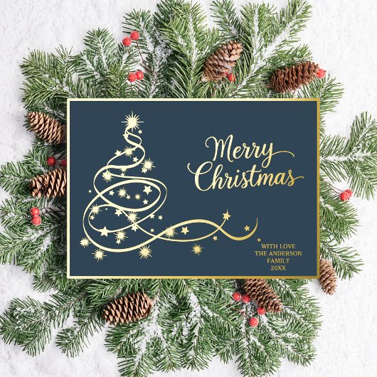 Navy Blue Classic Christmas Kaart Gouden Boom & Fo