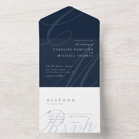 Navy Blue Classic Elegance kalligrafie monogram All In One Uitnodiging (Binnen)
